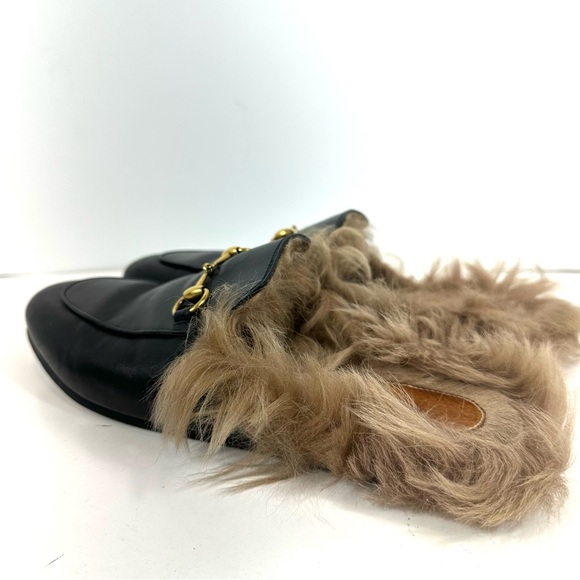 Gucci Princeton Black Leather Fur Horsebit Gold Detail Slip On Mules 39.5 US 9.5 - Picture 8 of 15